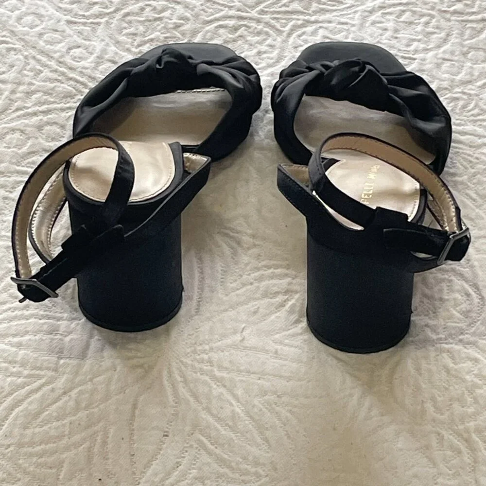 Pelle Moda Black Satin‎ Knot Bow Ankle Strap Block Heel Sandals Women's 6.5M